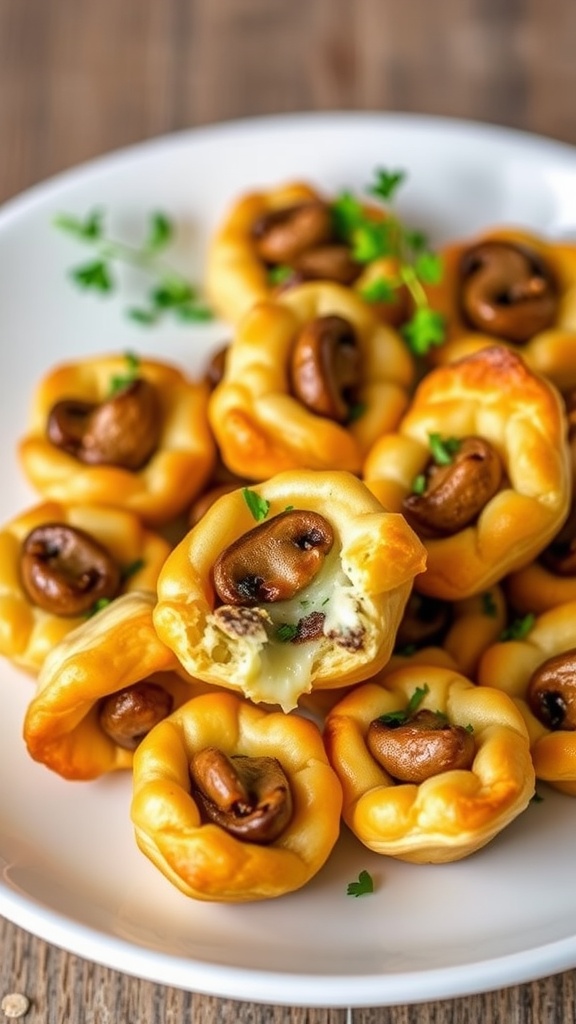 Golden mushroom and cheese puff pastry bites on a plate, garnished with herbs.